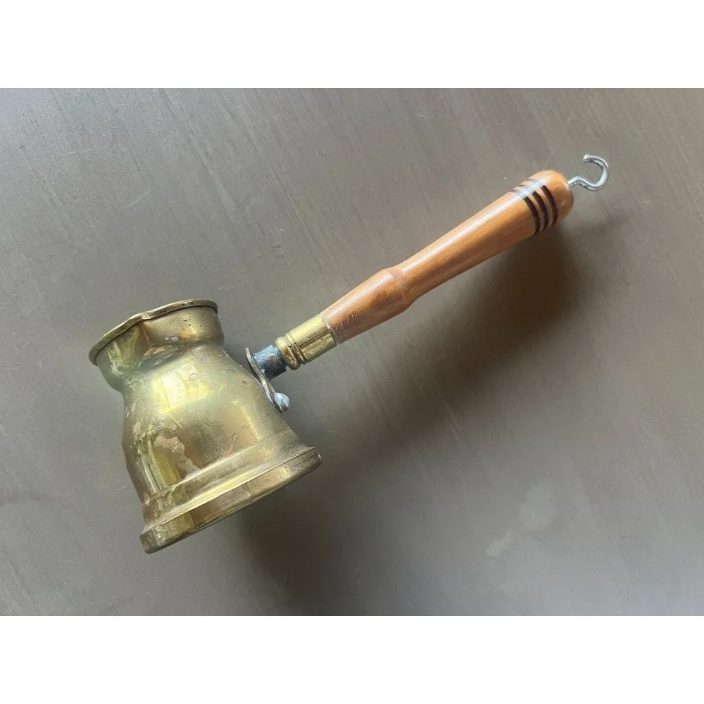 Vintage Gold Star Co Solid Brass Butter Warmer Melting Pot Wood Handle 8